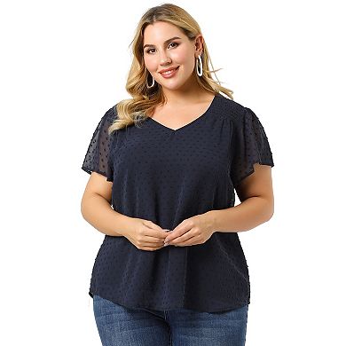 Women's Plus Size Pin Dots Short Sleeve V Neck Casual Plain Top Blouse