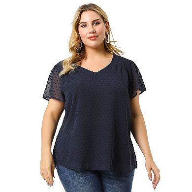 Women's Plus Size Pin Dots Short Sleeve V Neck Casual Plain Top Blouse