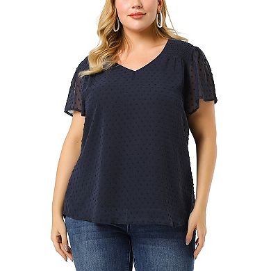 Women's Plus Size Pin Dots Short Sleeve V Neck Casual Plain Top Blouse