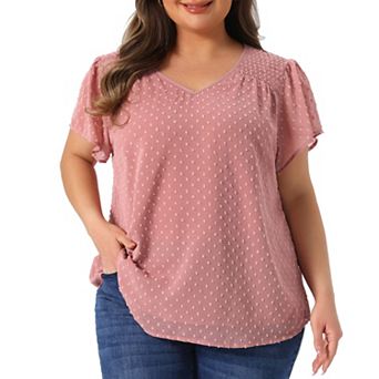 Women's Plus Size Pin Dots Short Sleeve V Neck Casual Plain Top Blouse