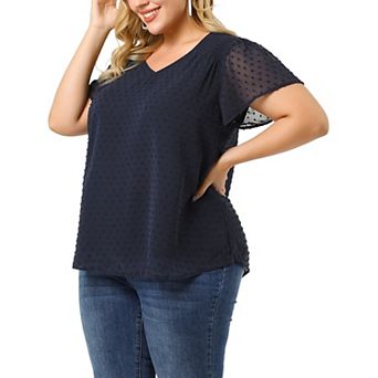 Women's Plus Size Pin Dots Short Sleeve V Neck Casual Plain Top Blouse