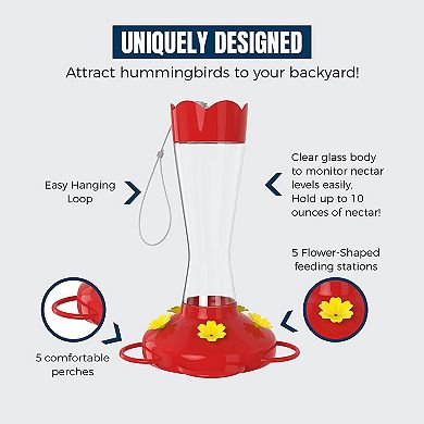 Mekkapro Outdoor Hummingbird Feeder Made From Glass, Hanging 5 Nectar Feeding Stations, Bright Red