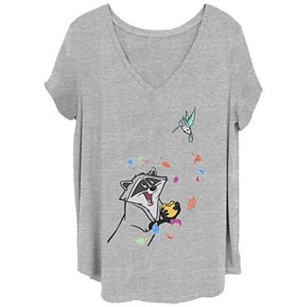 Disney's Pocahontas Meeko Flit Juniors' Plus Colorful Leafs Fall V-Neck Graphic Tee