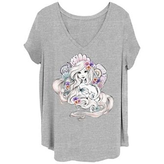 Disney's The Little Mermaid Ariel Juniors' Plus Watercolor Floral Shell V-Neck Graphic Tee
