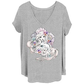 Disney's The Little Mermaid Ariel Juniors' Plus Watercolor Floral Shell V-Neck Graphic Tee