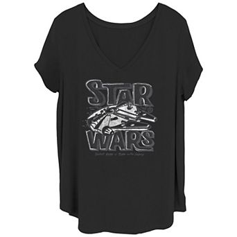 Juniors' Plus Star Wars Millennium Falcon Flying V-Neck Graphic Tee