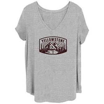 Juniors' Plus Yellowstone Mountains Brand Logo V-Neck Graphic Tee