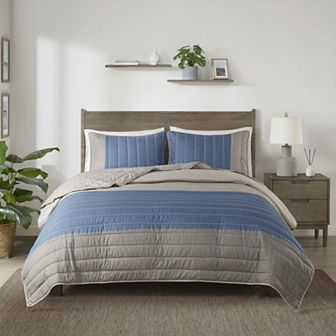 Madison Park Taylor 3 pc Printed Color Blocking Microfiber Quilted Coverlet Set with Shams