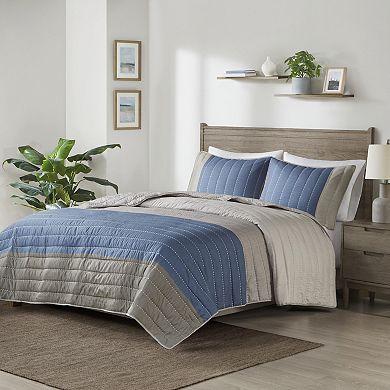 Madison Park Taylor 3-Piece Printed Color Blocking Microfiber Quilted Coverlet Set