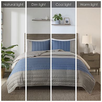 Madison Park Taylor 3-Piece Printed Color Blocking Microfiber Quilted Coverlet Set