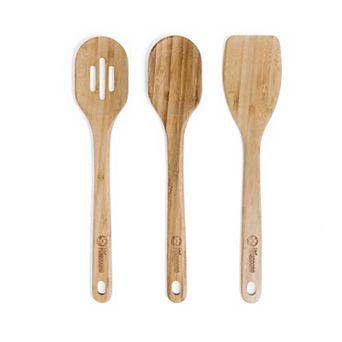 Chef Pomodoro Wooden Cooking Utensils 3 pc Set, Large 12.5-inch Spatula, Spoon, Slotted Spoon