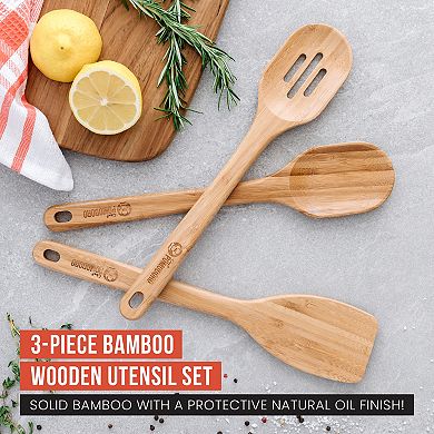 Chef Pomodoro Wooden Cooking Utensils 3-piece Set, Large 12.5-inch Spatula, Spoon, Slotted Spoon