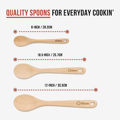 Chef Pomodoro Wooden Spoons For Cooking 3-piece Set, Solid Beechwood , 12-inch, 10.5-inch, 8-inch