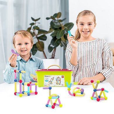 PicassoTiles 50 Piece Magnetic Stick Stacking Construction Balls & Rods Set with Storage
