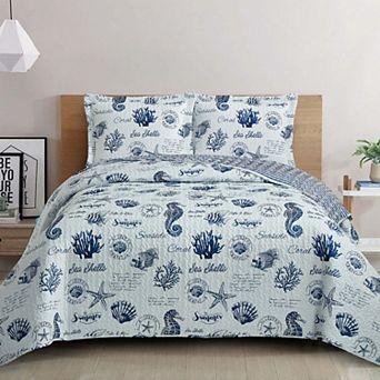 Seaside Sea Shells Reversible Quilt Bedspread Set