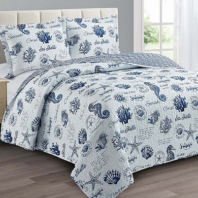 Seaside Sea Shells Reversible Quilt Bedspread Set