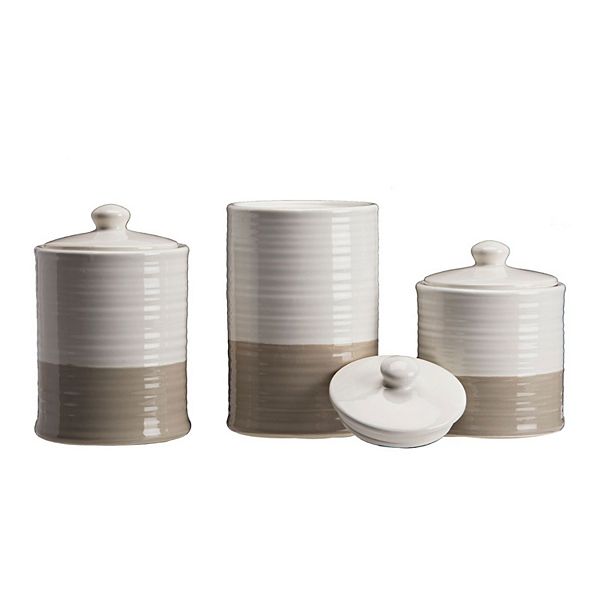 Set of 3 White and Taupe Unique Sealed Storage Canisters 10
