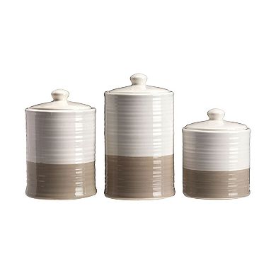 Set of 3 White and Taupe Unique Sealed Storage Canisters  10"