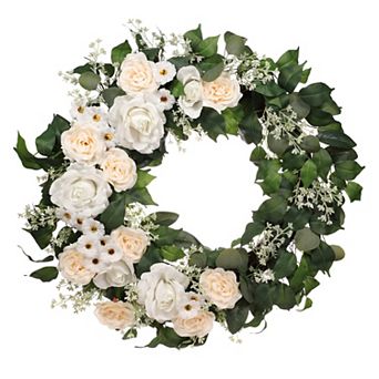 PULEO INTERNATIONAL Artificial Rose Babysbreath Spring Wreath