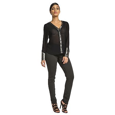 Brandi V-Neck Blouse With Button Front & Vegan Leather Trim