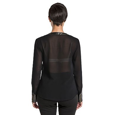 Brandi V-Neck Blouse With Button Front & Vegan Leather Trim