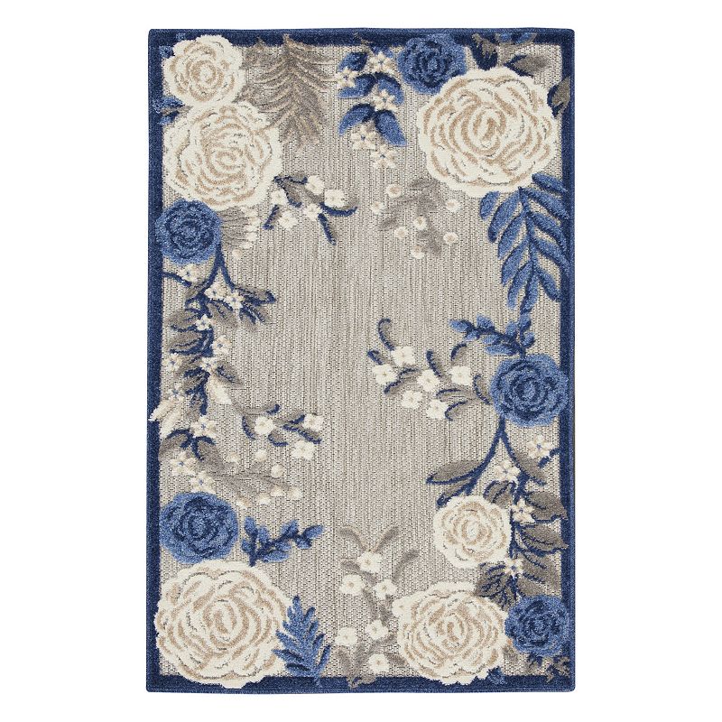 Nourison Aloha Contemporary Botanical Outdoor Rug, Blue, 5X7.5 Ft