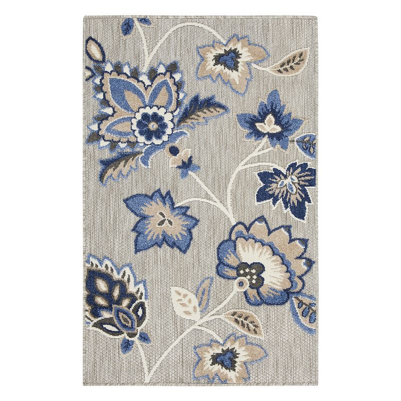 Nourison Aloha Contemporary Floral Outdoor Rug, Blue, 5X7.5 Ft