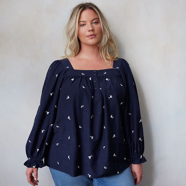 Plus Size LC Lauren Conrad Henley Puff Sleeve Peasant Top