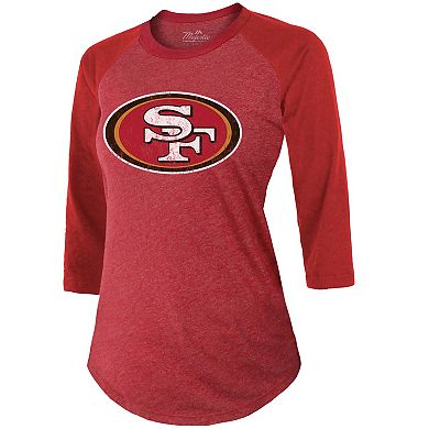 Women's Majestic Threads Christian McCaffrey Scarlet San Francisco 49ers Name & Number Tri-Blend Raglan 3/4 Sleeve T-Shirt
