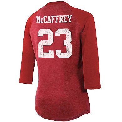 Women's Majestic Threads Christian McCaffrey Scarlet San Francisco 49ers Name & Number Tri-Blend Raglan 3/4 Sleeve T-Shirt