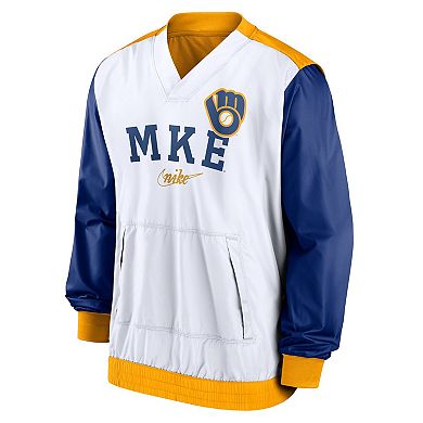 Men's Nike White/Gold Milwaukee Brewers Rewind Warmup V-Neck Pullover Jacket