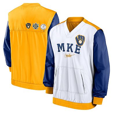 Men's Nike White/Gold Milwaukee Brewers Rewind Warmup V-Neck Pullover Jacket