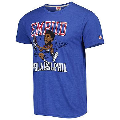 Men's Homage Joel Embiid Royal Philadelphia 76ers Caricature Tri-Blend T-Shirt