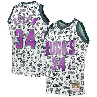 Men's Mitchell & Ness Ray Allen White Milwaukee Bucks 2000-01 Hardwood Classics Doodle Swingman Jersey