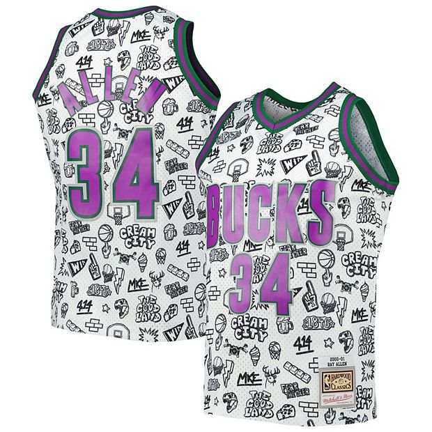 Men s Mitchell Ness Ray Allen White Milwaukee Bucks 2000 01 Hardwood Classics Doodle Swingman Jersey
