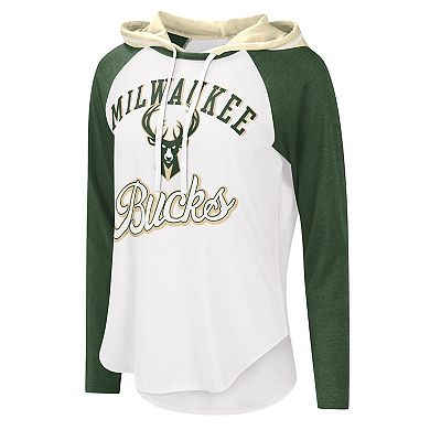 Women's G-III 4Her by Carl Banks White Milwaukee Bucks MVP Raglan Hoodie Long Sleeve T-Shirt
