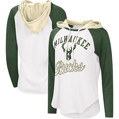 Women's G-III 4Her by Carl Banks White Milwaukee Bucks MVP Raglan Hoodie Long Sleeve T-Shirt