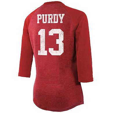 Women's Majestic Threads Brock Purdy Scarlet San Francisco 49ers Name & Number Tri-Blend Raglan 3/4 Sleeve T-Shirt
