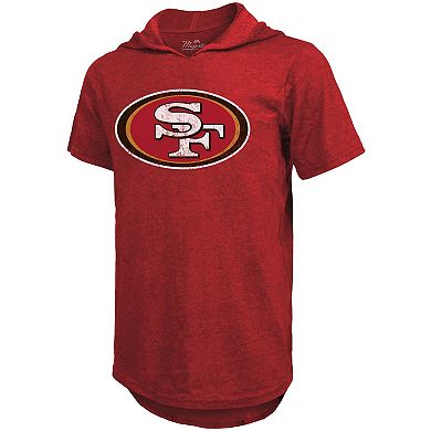 Men's Majestic Threads Brock Purdy Scarlet San Francisco 49ers Player Name & Number Tri-Blend Short Sleeve Hoodie T-Shirt