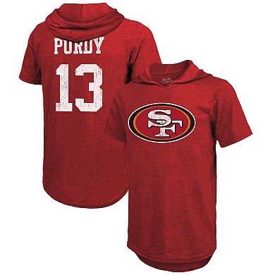 Men's Majestic Threads Brock Purdy Scarlet San Francisco 49ers Player Name & Number Tri-Blend Short Sleeve Hoodie T-Shirt