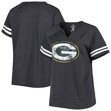 Women's Fanatics Branded Heather Charcoal Green Bay Packers Plus Size Logo Striped Raglan Notch Neck T-Shirt