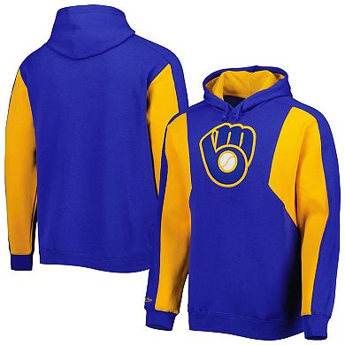 Men's Mitchell & Ness Royal/Gold Milwaukee Brewers Colorblocked Fleece Pullover Hoodie