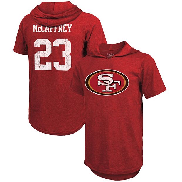 Men s Majestic Threads Christian McCaffrey Scarlet San Francisco 49ers Player Name Number Tri Blend Short