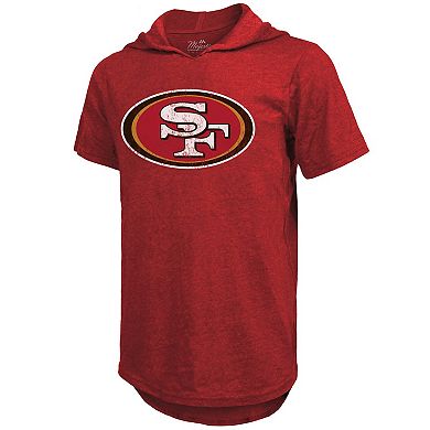 Men's Majestic Threads Christian McCaffrey Scarlet San Francisco 49ers Player Name & Number Tri-Blend Short Sleeve Hoodie T-Shirt
