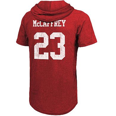 Men's Majestic Threads Christian McCaffrey Scarlet San Francisco 49ers Player Name & Number Tri-Blend Short Sleeve Hoodie T-Shirt