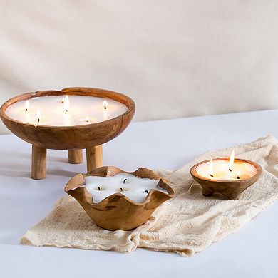 3-Wick Candle In Round Teak Holder