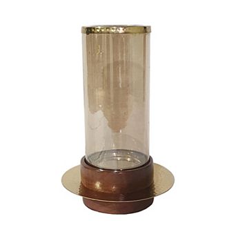 A&B Home Sebastian Acacia Wood Glass Hurricane Candle Holder
