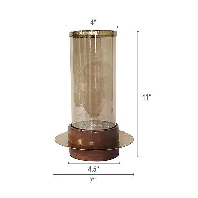 A&B Home Sebastian Acacia Wood Glass Hurricane Candle Holder