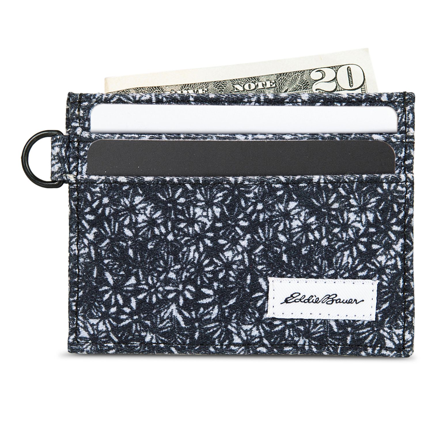 Eddie Bauer Men's Pioneer Card Case Wallet – RFID Blocking, 5 Card Slots, D-Ring Clip, Leather & Cotton Canvas (Grey, One Size)