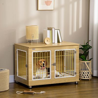 PawHut Modern Large Dog Crate End Table with Soft Cushion Big Tabletop Wooden Dog Crate